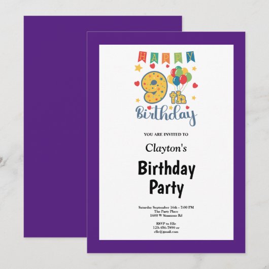 Paarse uitnodigingen van de 9e verjaardag van de v (Voorkant / Achterkant)