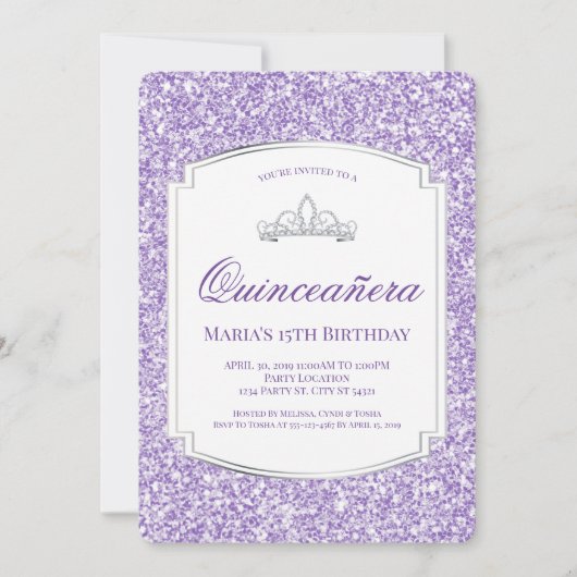 Paarse uitnodigingen van Glitter Quinceañera (Voorkant)