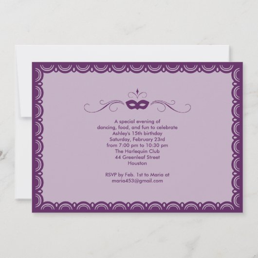 Paarse uitnodigingen van Quinceanera Masquerade (Achterkant)
