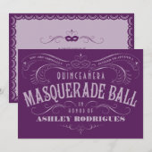 Paarse uitnodigingen van Quinceanera Masquerade (Voorkant / Achterkant)