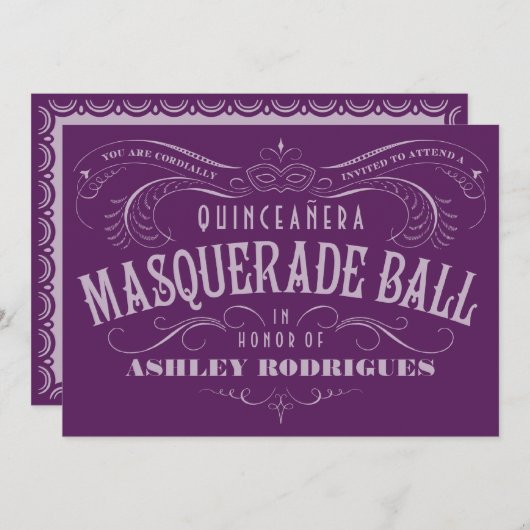 Paarse uitnodigingen van Quinceanera Masquerade (Voorkant / Achterkant)
