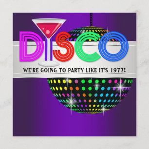 Paarse uitnodigingen voor cocktail-discoinloopfees