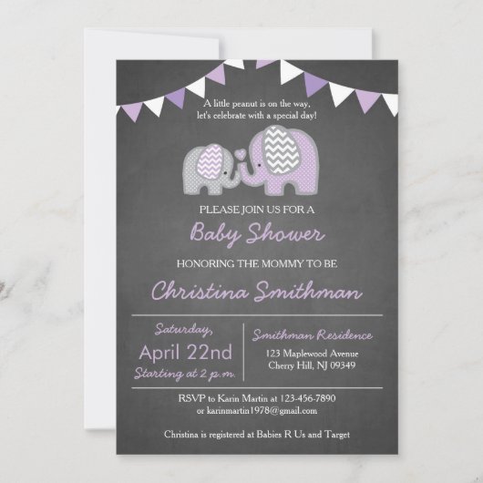 Paarse uitvinding van olifant Baby shower Kaart (Voorkant)