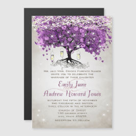Paarse uitvindingen van het heart Leaf Tree Weddin Magnetische Uitnodiging