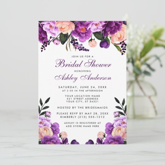 Paarse Ultra Violet Bloem Bruids Boeket Uitnodigin Kaart (Staand voorkant)