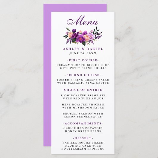 Paarse Ultra Violet Bloemen Huwelijk Menu (Voorkant / Achterkant)