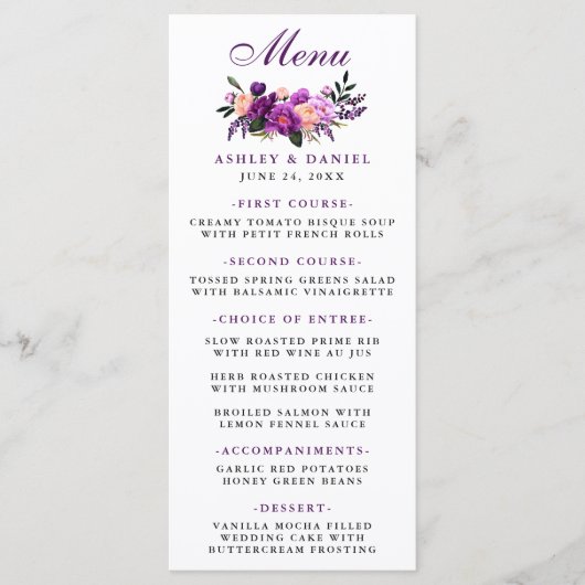 Paarse Ultra Violet Bloemen Huwelijk Menu (Voorkant)