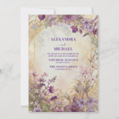 Paarse Ultra Violet Floral Gold bruiloft Kaart (Voorkant)