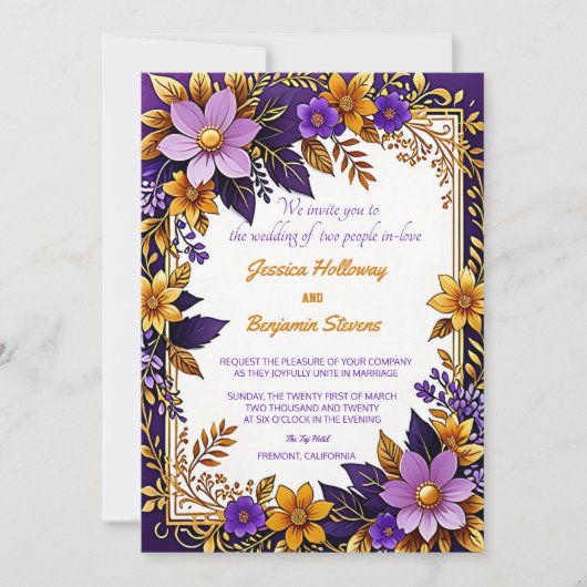 Paarse Ultra Violet Floral Gold bruiloft Kaart (Voorkant)