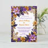 Paarse Ultra Violet Floral Gold bruiloft Kaart (Staand voorkant)