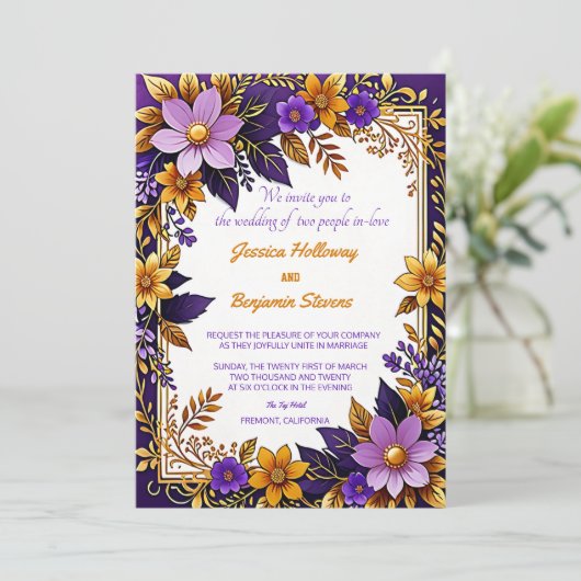 Paarse Ultra Violet Floral Gold bruiloft Kaart (Staand voorkant)