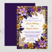 Paarse Ultra Violet Floral Gold bruiloft Kaart (Voorkant / Achterkant)