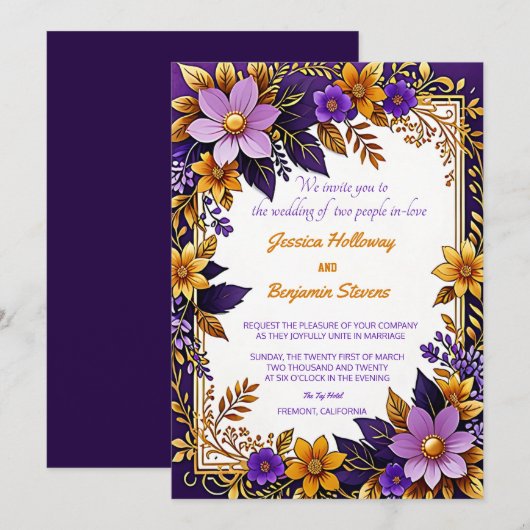 Paarse Ultra Violet Floral Gold bruiloft Kaart (Voorkant / Achterkant)