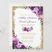 Paarse ultra Violet Floral Gold Glitter Weddenscha Kaart (Voorkant)