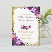 Paarse ultra Violet Floral Gold Glitter Weddenscha Kaart (Staand voorkant)