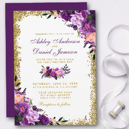 Paarse ultra Violet Floral Gold Glitter Weddenscha Kaart
