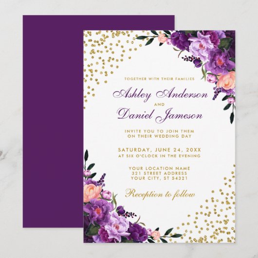 Paarse ultra Violet Floral Gold Glitter Weddenscha Kaart (Voorkant / Achterkant)
