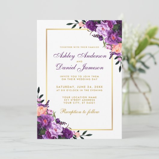 Paarse ultra Violet Floral Gold Weddenschap Kaart (Staand voorkant)