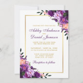 Paarse ultra Violet Floral Gold Wedding nodigt de  Kaart (Voorkant)