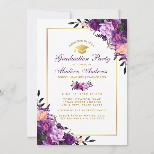 Paarse Ultra Violet Floral Graduation Party nodigt Kaart (Voorkant)