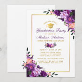 Paarse Ultra Violet Floral Graduation Party nodigt Kaart (Voorkant / Achterkant)