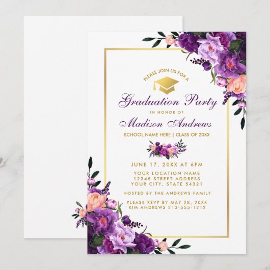 Paarse Ultra Violet Floral Graduation Party nodigt Kaart (Voorkant / Achterkant)