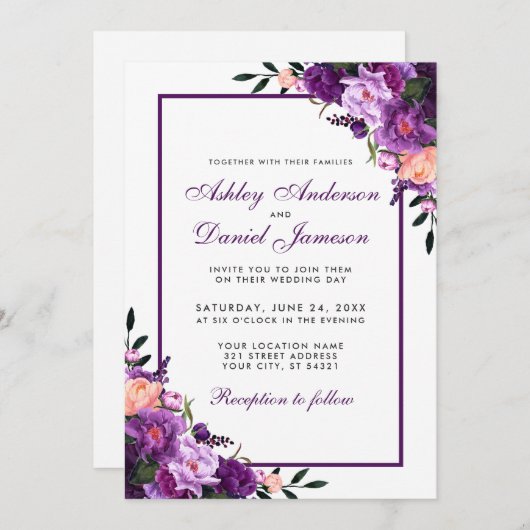 Paarse ultra Violet Floral Weddenschap P Kaart (Voorkant / Achterkant)