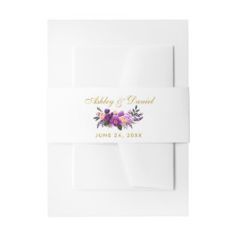 Paarse Ultra Violet Waterverf Floral Gold bruiloft Uitnodigingen Wikkel