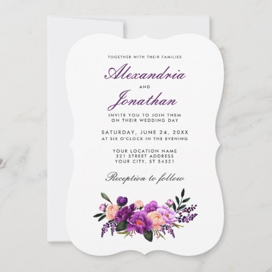 Paarse ultra Violet Waterverf Floral Wedding BG Kaart (Voorkant)