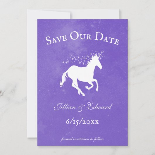 Paarse Unicorn bewaart de aankondiging van de datu (Voorkant)