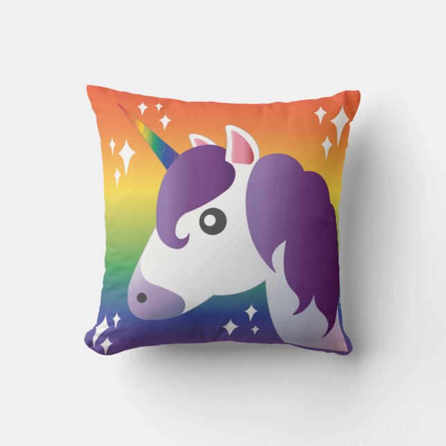 Paarse Unicorn Emoji Sparkle met Rainbow Pillow Kussen (Voorkant)