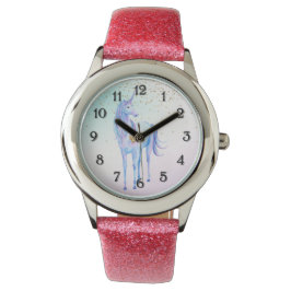 Paarse Unicorn Gold Glitter Heart Horloge