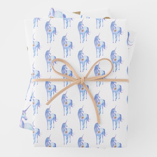 Paarse Unicorn Gold Glitter Heart Inpakpapier Vel (In situ)