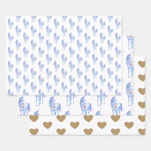 Paarse Unicorn Gold Glitter Heart Inpakpapier Vel (Set)