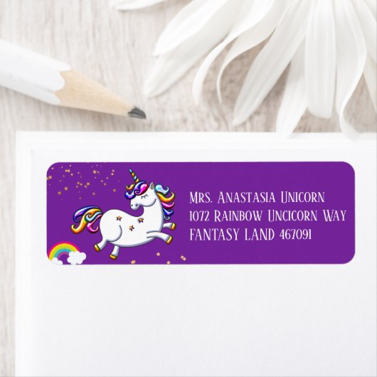 Paarse Unicorn, goudsterren en regenboog Etiket (Insitu)