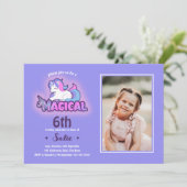Paarse Unicorn Magical Any Age 6e verjaardag Foto Kaart (Staand voorkant)