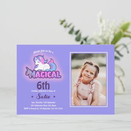 Paarse Unicorn Magical Any Age 6e verjaardag Foto Kaart (Staand voorkant)