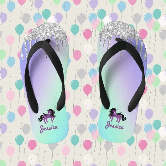 Paarse Unicorn met Glitter op Blauwgroen en Paars Kinder Teenslippers