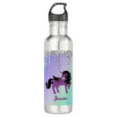 Paarse Unicorn met Glitter op Blauwgroen en Paars Waterfles (Voorkant)