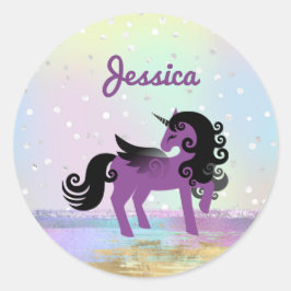 Paarse Unicorn op een pasteeltje voor een glitterw Ronde Sticker