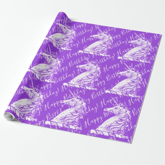 Paarse unicorn Pattern Happy Birthday Text Cadeaupapier (Uitgerold)