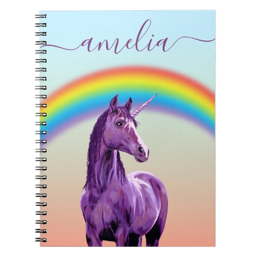 Paarse Unicorn & Rainbow Calligrafie Naam Notitieboek (Voorkant)