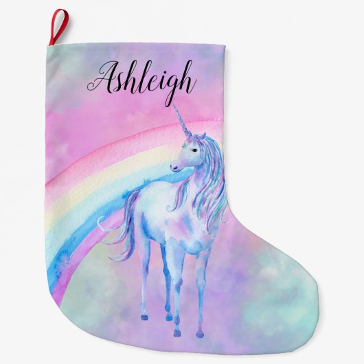Paarse Unicorn Rainbow Waterverf Naam Grote Kerstsok (Voorkant)