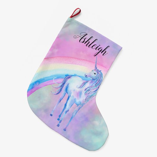 Paarse Unicorn Rainbow Waterverf Naam Grote Kerstsok (Voorkant (Hangend))