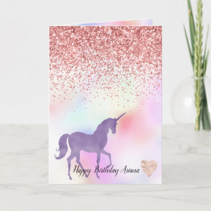 Paarse unicorn regenboogroze glitter Sparkle Heart Kaart