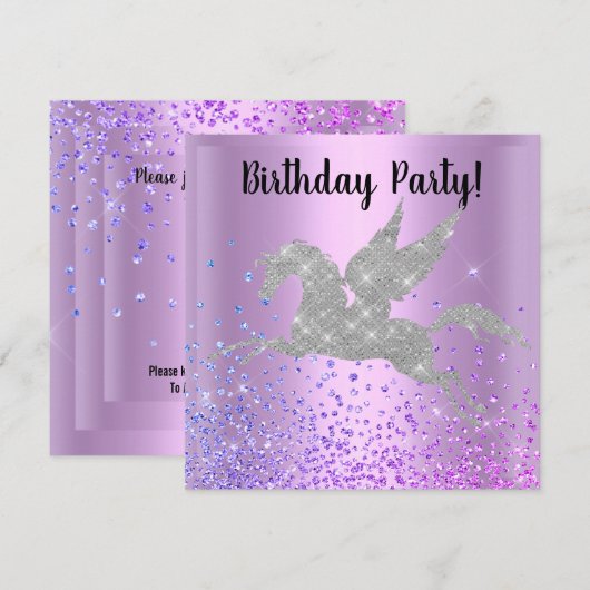 PAARSE UNICORN SPARKLE BIRTHDAY INVITATIE KAART (Voorkant / Achterkant)