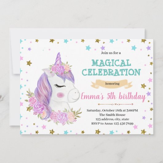 Paarse unicorn verjaardagsuitnodiging feestdagenkaart (Voorkant)