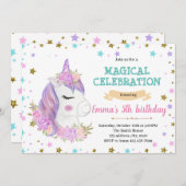 Paarse unicorn verjaardagsuitnodiging feestdagenkaart (Voorkant / Achterkant)