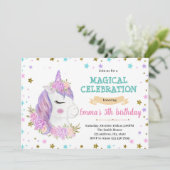 Paarse unicorn verjaardagsuitnodiging feestdagenkaart (Staand voorkant)