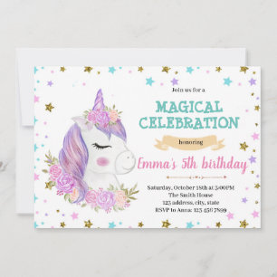 Paarse unicorn verjaardagsuitnodiging feestdagenkaart